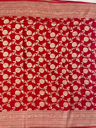 Banarasi Pure Chiffon Saree with Hearts Border | Red | Gold Water Zari, Handwoven | Ships from California